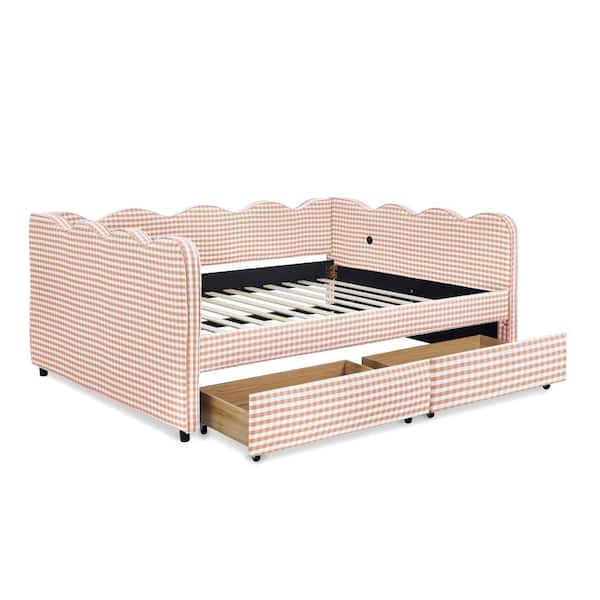 AP-Serenity Gingham Daybed with 2 Storage Drawers & USB Port, Wave-Shaped Full Size Sofa Bed, Pink