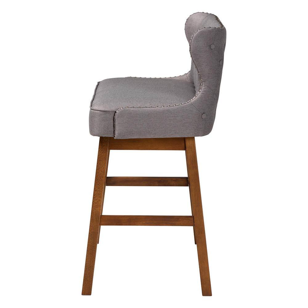 Gray Fabric Button-Tufted Bar Bench with Walnut Legs