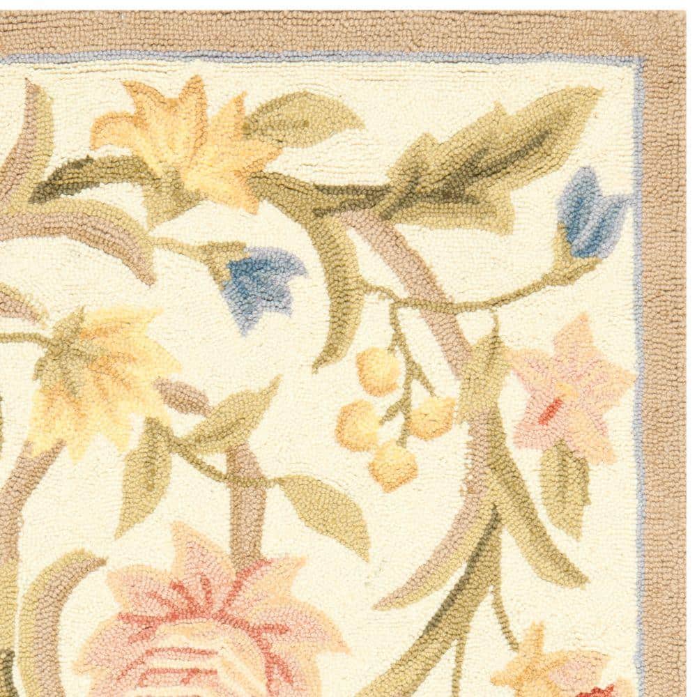 Ivory Floral Hand-Hooked Wool Area Rug, 5'3" x 8'3"