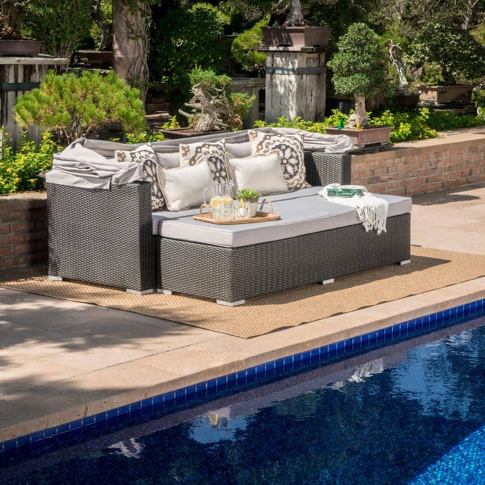 2-Piece Wicker Outdoor Sofa Sectional Set with Gray Cushions and Canopy