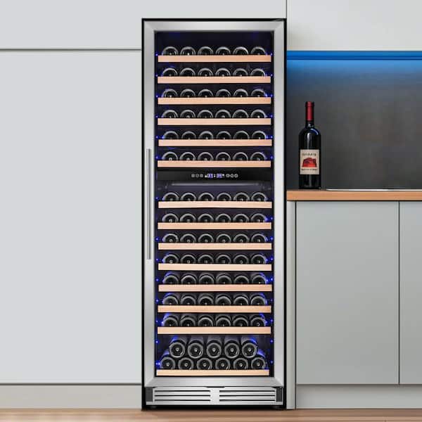 23.54 in. Dual Zone Cellar Cooling Unit in Silver 154-Bottle Wine Cooler Blue LED with 6-Adjustable Feet