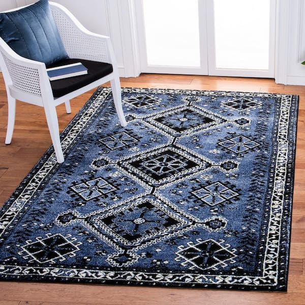 Vintage Hamadan Blue/Black 5 ft. x 8 ft. Border Geometric Area Rug