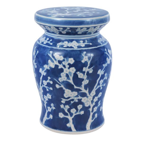 JONATHAN Y Cherry Blossom 17.75 in. Ceramic Garden Stool, Blue/White