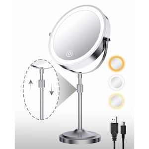 8.6 in. W. x 16.5 in. H Round Magnifying Lighted Tabletop Mirror Bathroom Makeup Mirror in Chrome