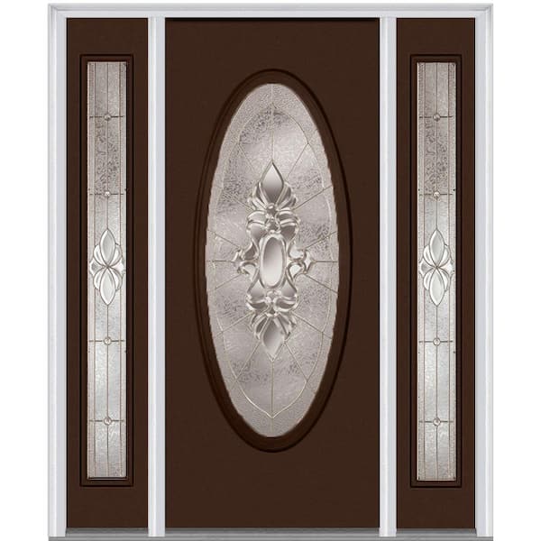 MMI Door 64 in. x 80 in. Heirloom Master Right-Hand Inswing Oval Lite Decorative Painted Steel Prehung Front Door with Sidelites