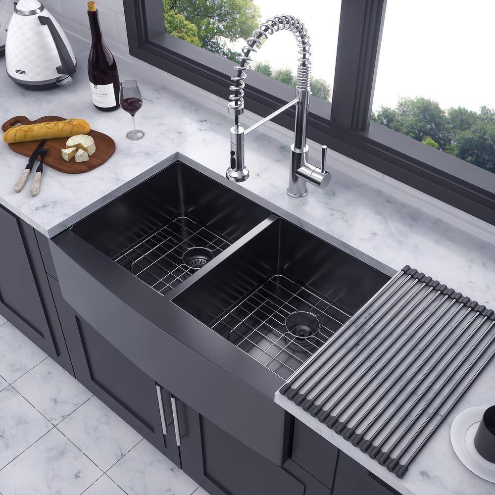 33'' Gunmetal Black Stainless Steel Farmhouse Double Bowl Kitchen Sink