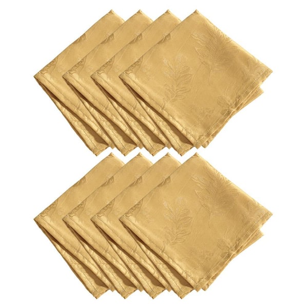 Elegant Woven Leaves Jacquard Damask Napkin, Set of 8, Gold - 17"W x 17"L