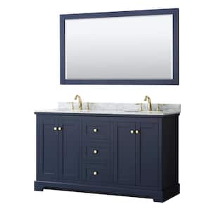 Avery 60 in. W x 22 in. D Bath Vanity in Dark Blue with Marble Vanity Top in White Carrara with White Basins and Mirror