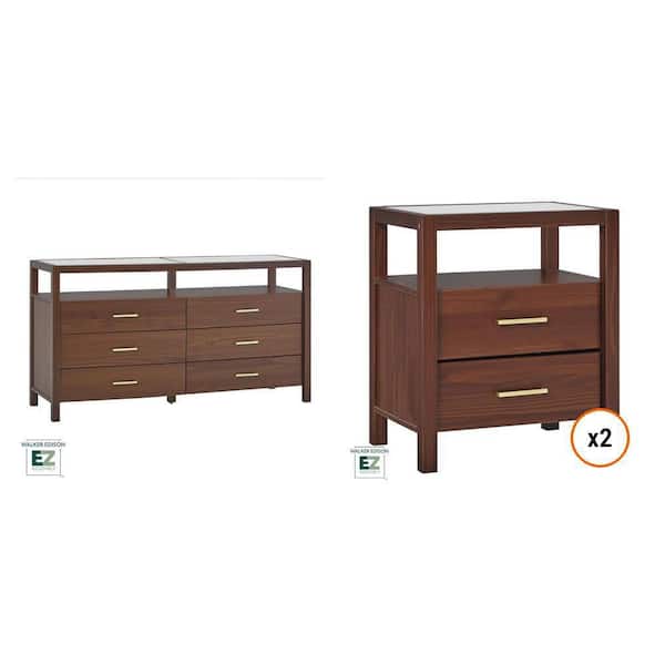 Isla Walnut Solid Wood 60 in. 6-Drawer Dresser and 22 in. W 2-Drawer Nightstand (2-Unit) Combo