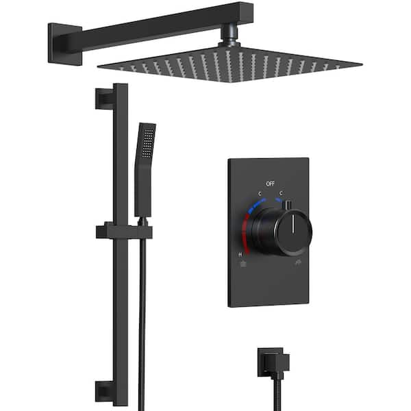 GRANDJOY 10 in. 2-Spray Square Wall Bar Shower Kit with Hand Shower, Sliding Bar in Matte Black (Valve Included)