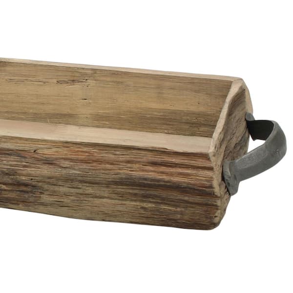 Natural Wood Narrow Flat Tray with 2 Metal Handles