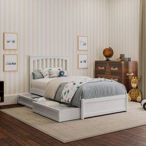 Benjara White Wooden Frame Twin Platform Bed with Bobbin