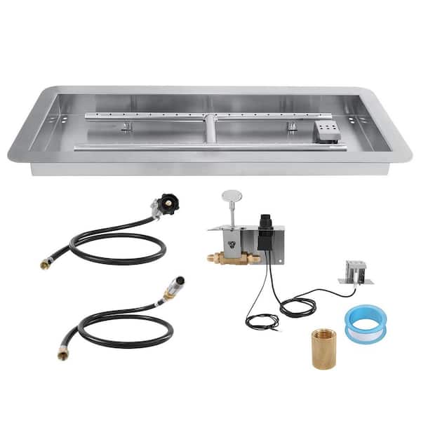 SKYSHALO 30 in. x 10 in. Drop-in Fire Pit Pan, Rectangular Stainless Steel Fire Pit Burner Kit, Natural & Propane Gas Fire Pan