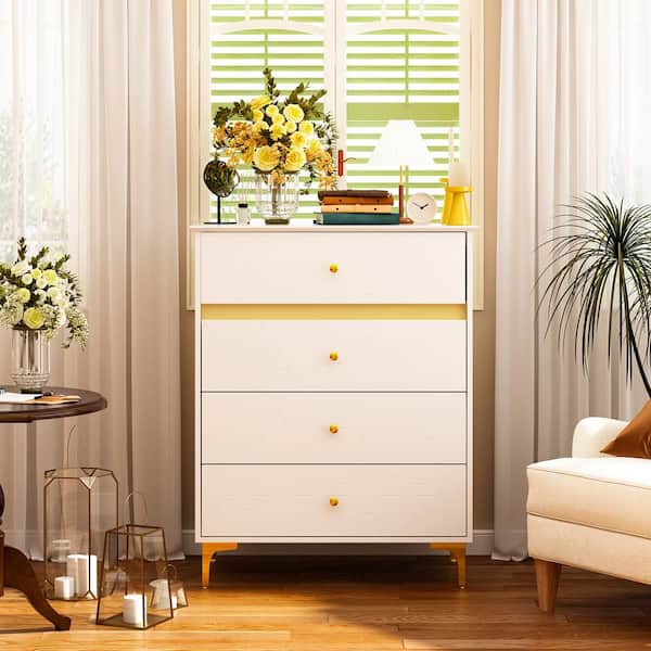 FUFU&GAGA Single White Large Wooden Nightstand, End Table, Chest with 4 Drawers, 31.5 in. W x 15.7 in. D x 39.4 in. H