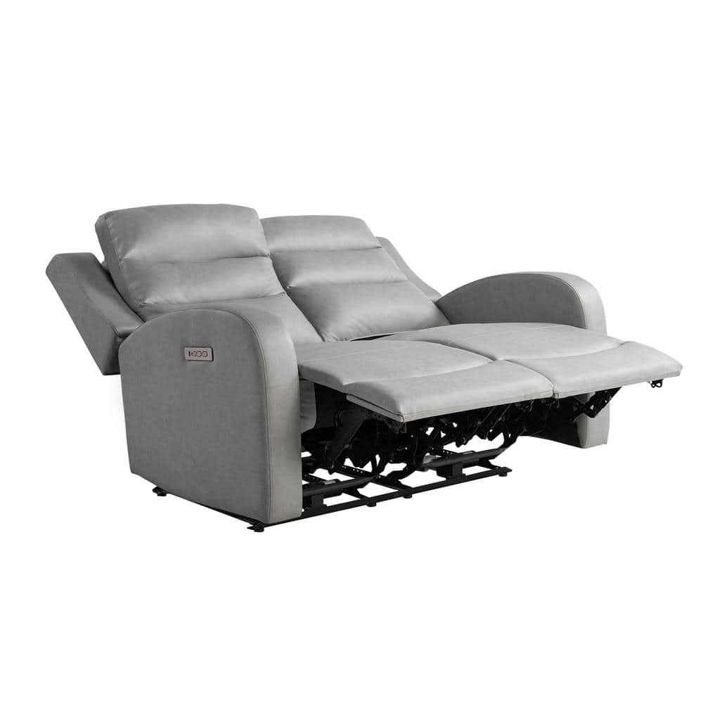 Gray Faux Leather Channel Tufted Reclining Loveseat with Acacia Wood