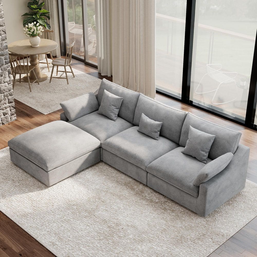 119.19 in. Square Arm 4-Piece Linen Down Feather Modular Free Combination Sectional Sofa with Ottoman in. Gray