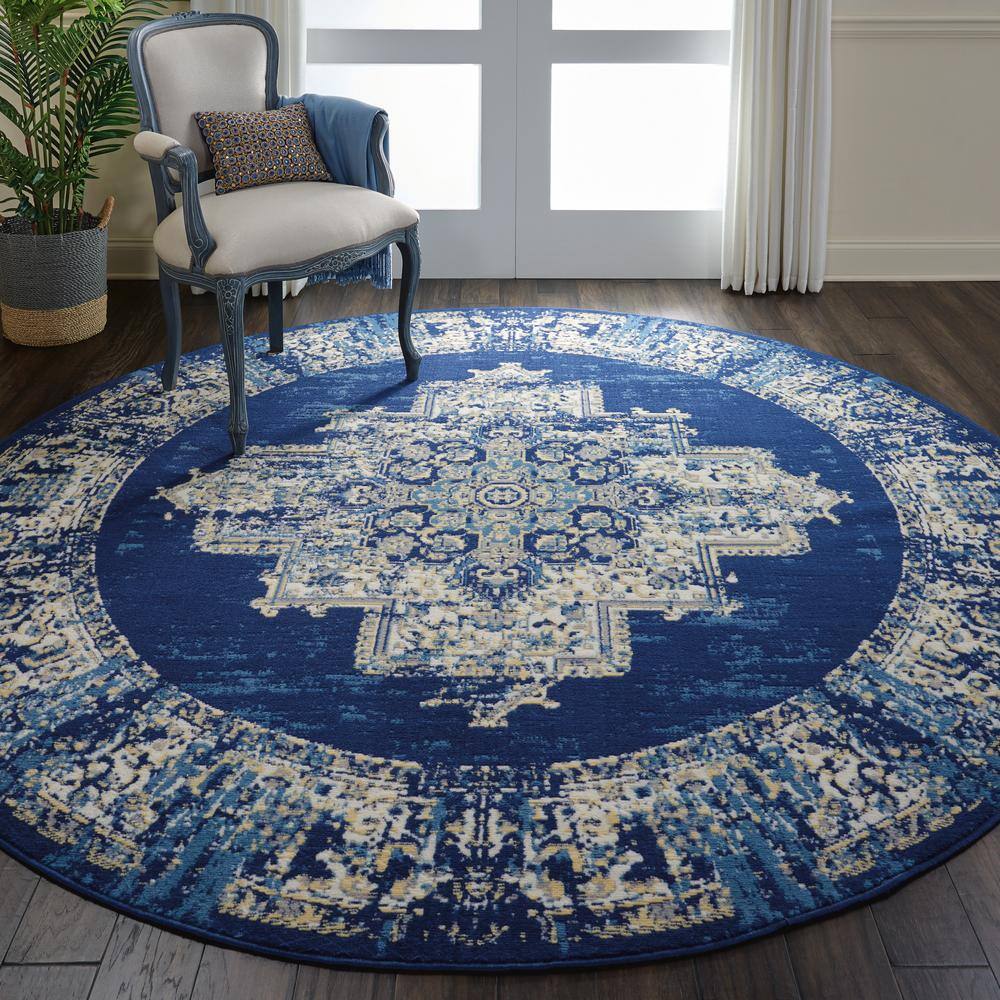 Navy Blue Medallion Round Synthetic Large Rug
