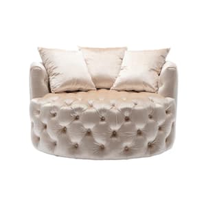 Beige Velvet Swivel Upholstered Barrel Living Room Chair With Tufted Cushions