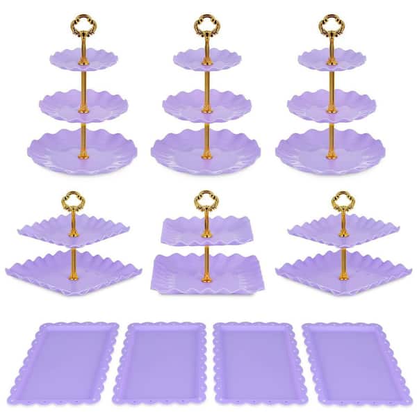 10 Pack Purple Cake Stand Set with 3 Two-Tier, 3 Three-Tier Cupcake Stands and 4 Appetizer Trays, for Birthday and Party