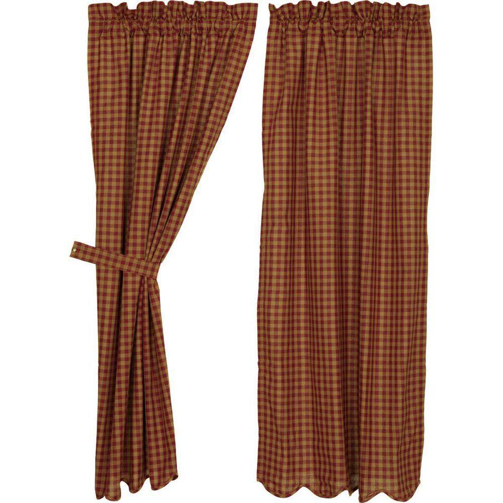 Burgundy Check Cotton Rod Pocket Window Panels with Tie Backs