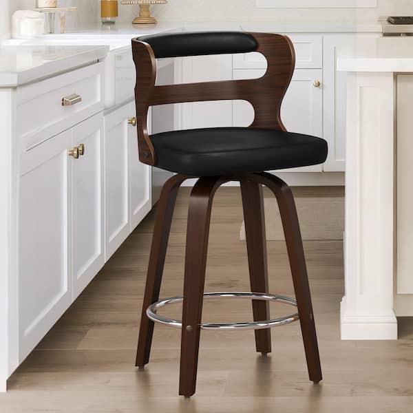 cozyman 26 in. Black Faux Leather and Deep Walnut Wood Mid-Century Modern Swivel Counter Height Bar Stool (Set of 1)