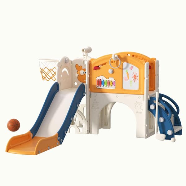 13-in-1 Toddler Slide Playset-Indoor/Outdoor Slide with Basketball Hoop, Golf Game & Drawing Board for Kids 1-3