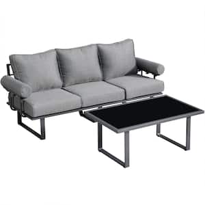 Teton Grand Gray 2-Piece Aluminum Outdoor Patio Conversation Set with Solid Gray Cushions and a Coffee Table
