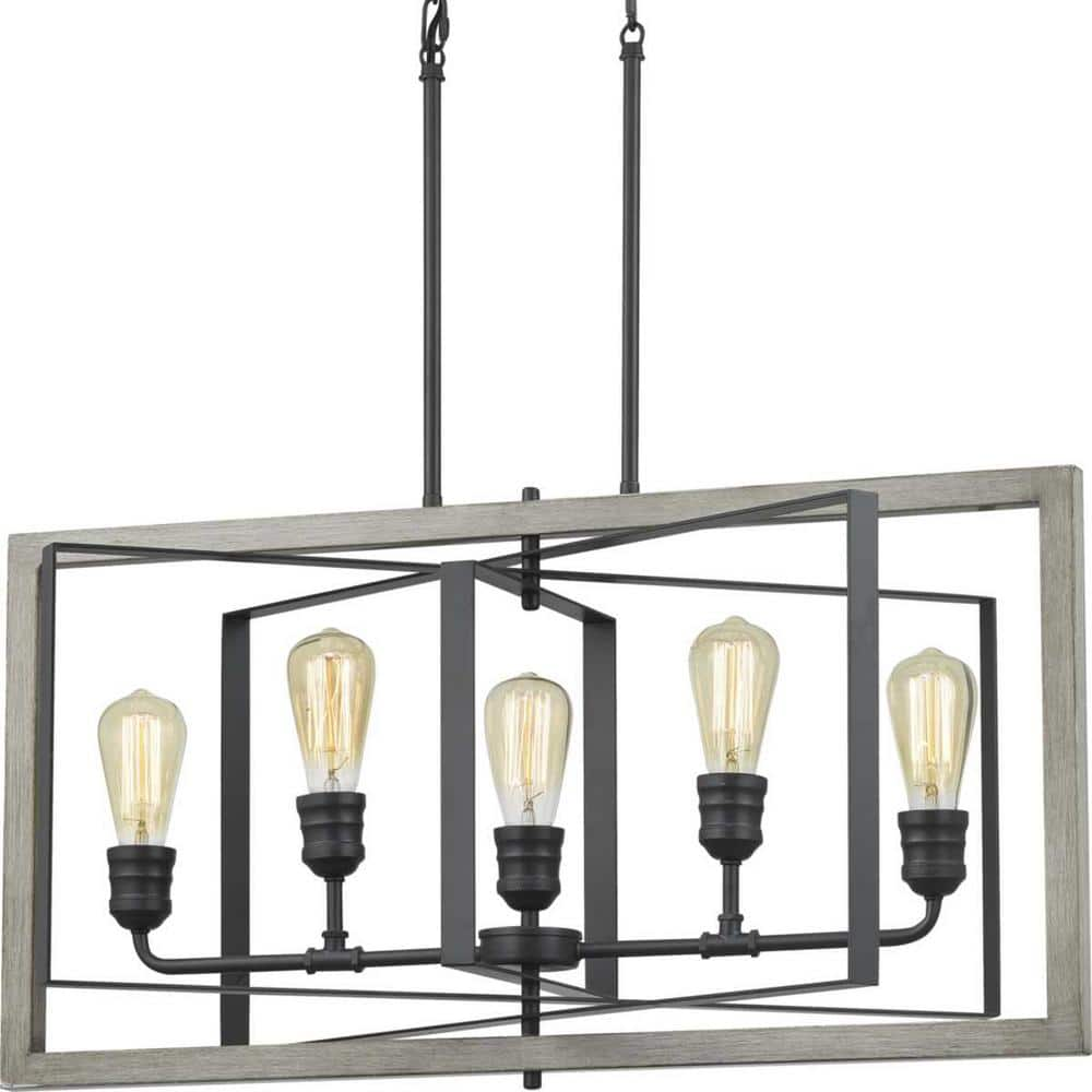 Palermo Grove 5-Light Graphite Linear Rectangular Chandelier with Oak Accents, Rustic Farmhouse Dining Room Chandelier -  Home Decorators Collection, 7922HDCGRDI