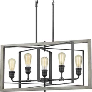 Palermo Grove 5-Light Graphite Linear Rectangular Chandelier with Oak Accents, Rustic Farmhouse Dining Room Chandelier