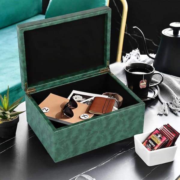 11 in. W Dark Green Faux Leather Keepsake Box with Hinged Lid