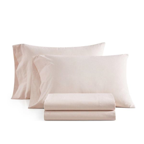 MS Small Gingham 4-Piece White/Pearl Peach Percale Cotton King Sheet Set
