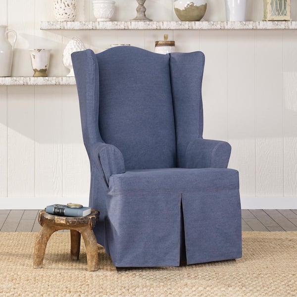 SureFit Authentic Denim Indigo Cotton 1-Piece Wing Chair Slipcover