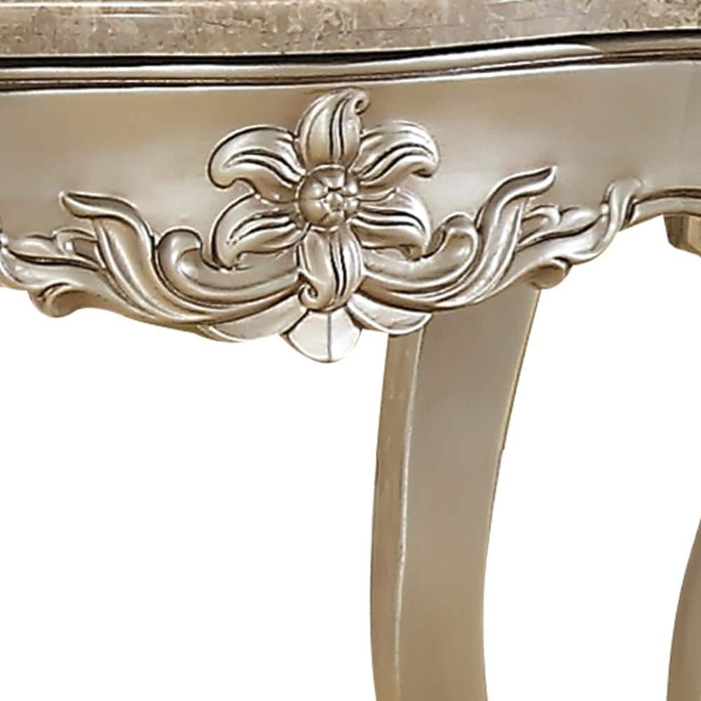 Silver Marble Top End Table with Floral Motif and Wood Legs