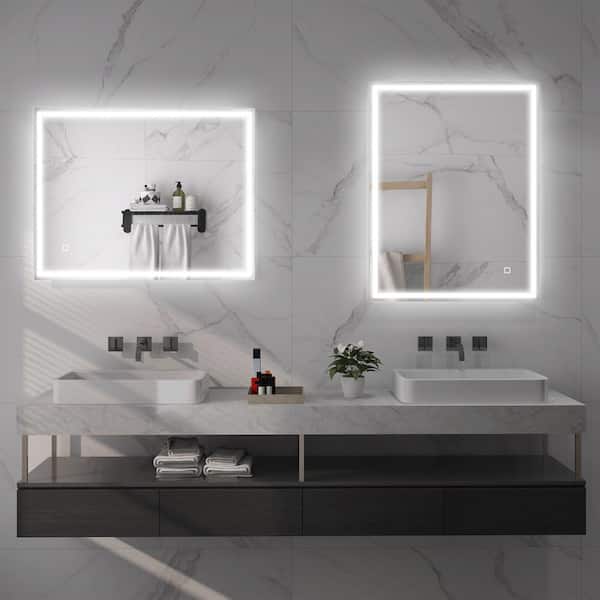 Unbranded 28 in. W x 34 in. H Rectangle Frameless Silver Dimmable Bathroom Mirror with Adjustable Lights, 3-Colors, Defogging