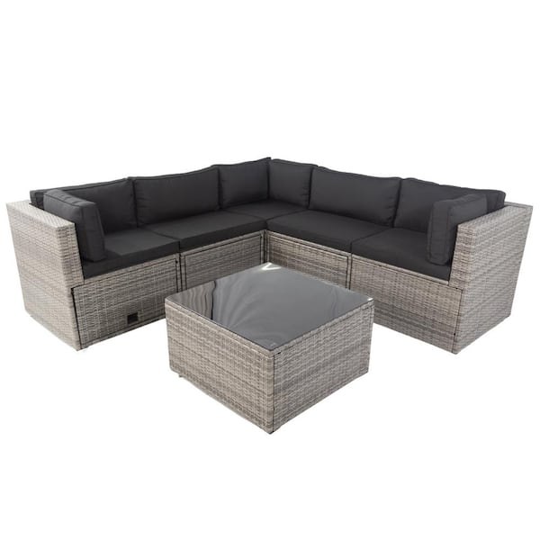 Unbranded 6 Pieces Wicker Patio Conversation Outdoor Sectional Sofa Sets with 3 Storage Under Seat with Black Cushions