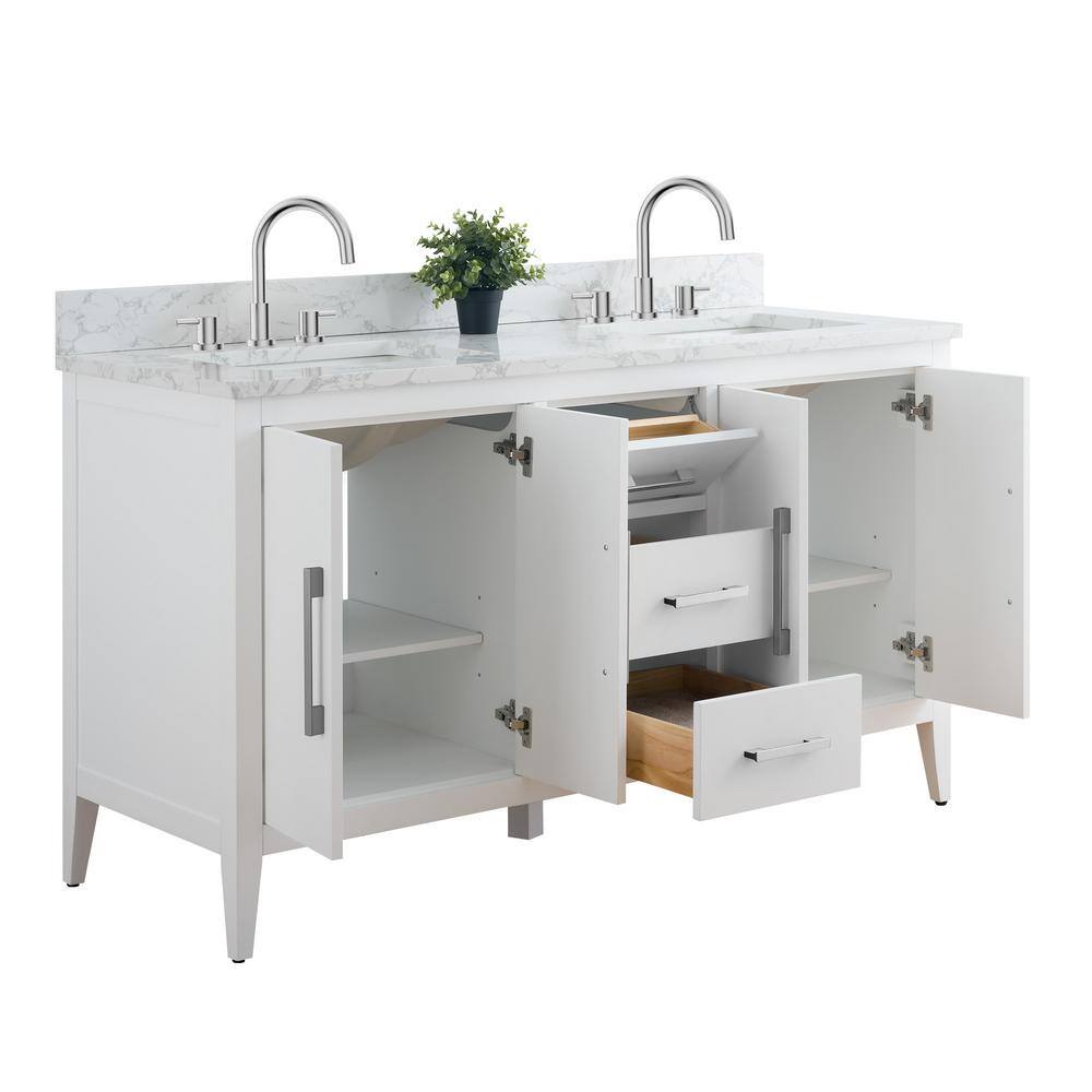 60" White Double Sink Bathroom Vanity with Marble Top