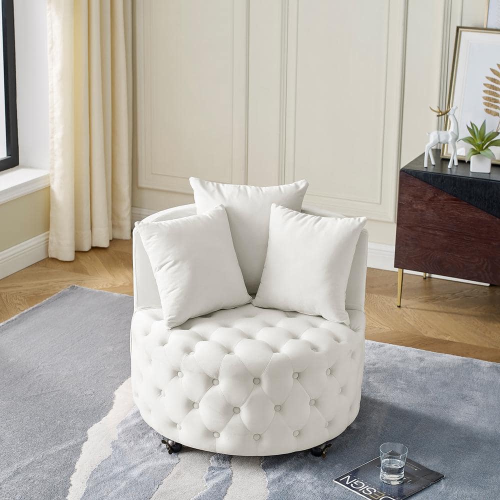 Beige Velvet Upholstered Accent Swivel Chair Barrel Living Room Chair ...