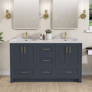 60 in. W. x 22 in. D x 35.5 in. H Freestanding Double Sink Bath Vanity Cabinet in Navy Blue with White Solid Surface Top