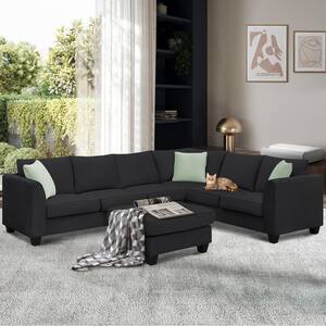 112 in. L-Shaped Polyester Sectional Sofa in. Black with Ottoman