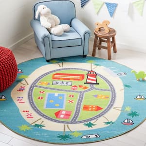 Kids Playhouse Blue/Green 5 ft. x 5 ft. Machine Washable Novelty Round Area Rug
