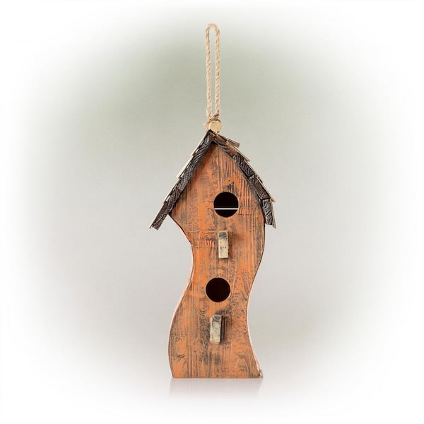 Alpine Corporation 17 in. Tall Outdoor Abstract Swirly Hanging Wooden Birdhouse, Orange