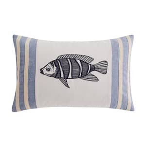 Cambria Navy, Chambray Blue, Taupe and Cream Fish Embroidered 12 in. x 18 in. Throw Pillow