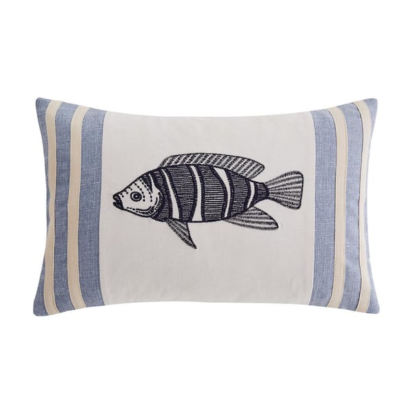 LEVTEX HOME Cambria Navy, Chambray Blue, Taupe and Cream Fish Embroidered 12 in. x 18 in. Throw Pillow