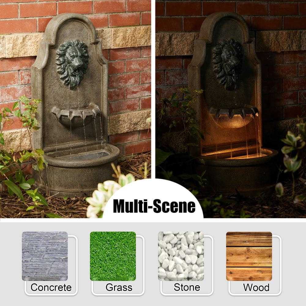 Oversized Faux Granite Lion Head Polyresin Outdoor Fountain with LED Light