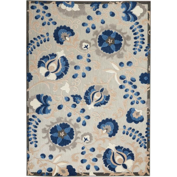 Nourison Aloha Natural/Blue 6 ft. x 9 ft. Floral Contemporary Indoor/Outdoor Patio Area Rug
