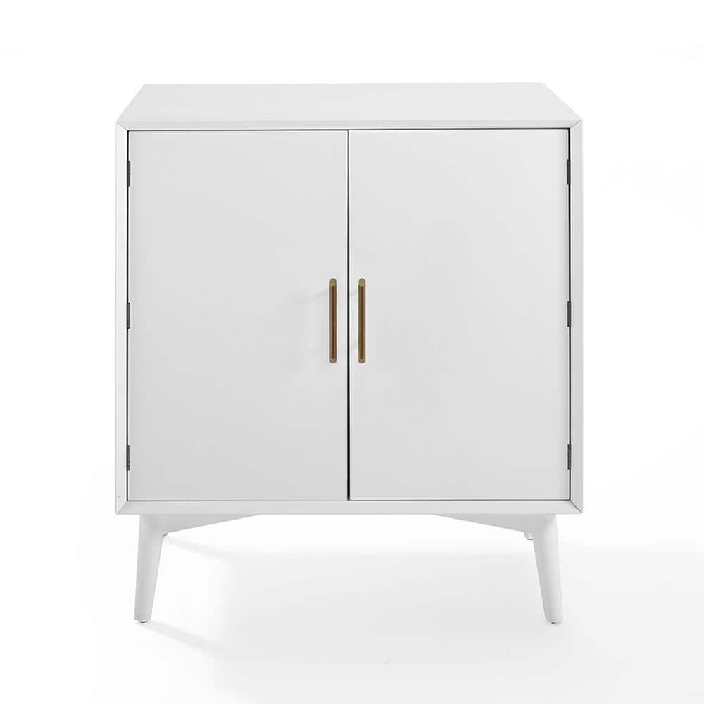 Landon Mid-Century White Bar Cabinet with Antique Brass Handles