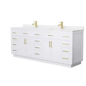 Beckett TK 84 in. W x 22 in. D x 35 in. H Double Sink Bath Vanity in White with Brushed Gold Trim White Quartz Top