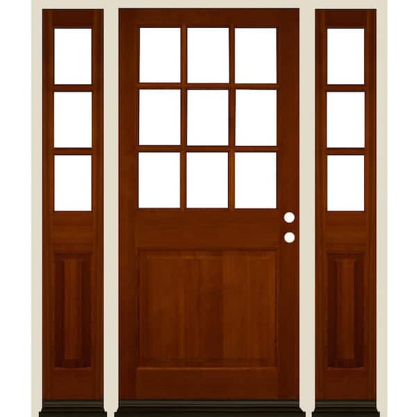Krosswood Doors 64 in. x 80 in. Farmhouse 9-Lite Clear Glass Left Hand Red Chestnut Stain Hemlock Wood Prehung Front Door w/ DSL