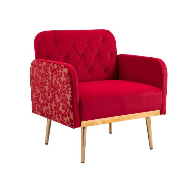 URTR Rose Red Living Room Accent Arm Chair, Velvet Upholstered Leisure Single Chair with Rose Golden Feet for Bedroom, Office