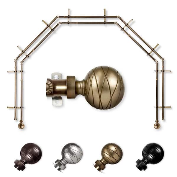 EMOH 13/16" Dia Adjustable 5-Sided Double Bay Window Curtain Rod 28 to 48" (each side) with Yesenia Finials in Antique Brass